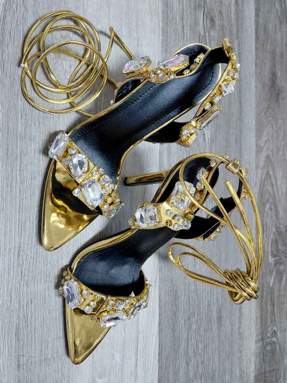 Women's Strappy Stiletto Heels with Crystals, Lace Up Gladiator Open Toe